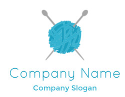 Illustration of a blue yarn ball with two crossed knitting needles.