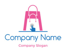 Digital shopping icon featuring a pink bag and a clicking hand gesture.