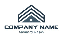 Abstract house logo with chevron roof pattern in dark blue.