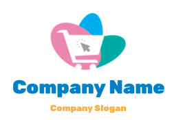 Colorful e-commerce symbol with shopping cart and cursor arrow on heart shapes.