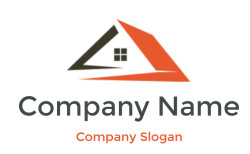 Abstract geometric house logo with orange and black elements.