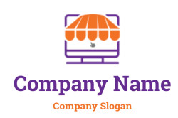 Icon depicting a computer screen with an orange storefront awning, representing online shopping.
