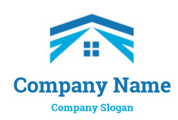 Blue house icon featuring a stylized roof and window on a white background.