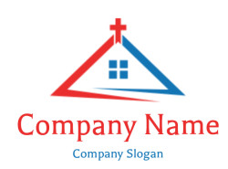Red and blue church logo in a triangle shape with a cross on top.
