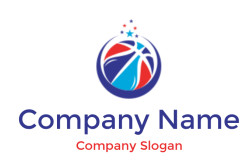 A dynamic basketball logo featuring red and blue colors with star elements above a stylized basketball.