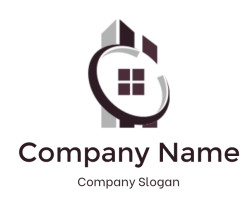 Modern logo featuring abstract buildings and circular design elements symbolizing real estate.