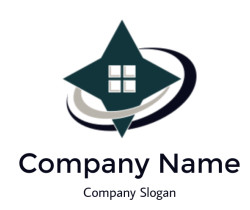 Geometric star logo with orbit design in teal, black, and grey.