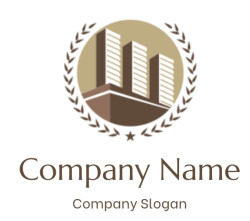 Emblem featuring a building silhouette with a surrounding laurel wreath in brown tones.