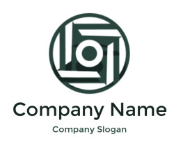 Logo with a hexagonal shape featuring a circular center and geometric patterns in dark green.