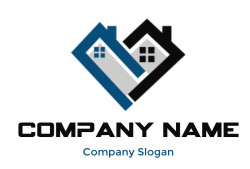 Logo featuring interlocking blue and black house designs with a heart shape.