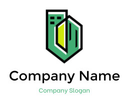 Abstract geometric logo with a green and yellow stylized shape.