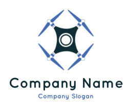 Abstract drone icon with four blue propellers.