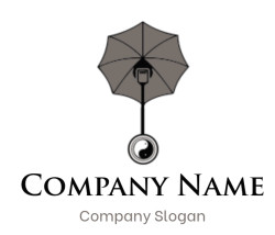 A simple black and gray umbrella icon with an open canopy.