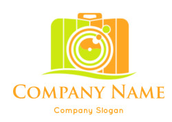 Orange and green stylized camera logo on a wave.