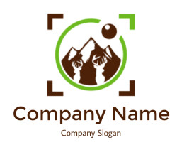 Eco-friendly logo featuring stylized brown mountains encircled by a green ring.