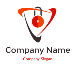 Abstract logo design featuring a red and black lock with curved lines.