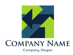 Geometric design featuring blue and green directional arrows.