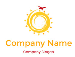 A logo featuring a stylized yellow sun with a red airplane silhouette flying over it.