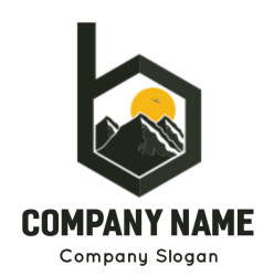 Hexagonal logo with a silhouette of mountains and a setting sun.