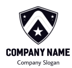 Dark shield logo featuring a chevron design and stars.