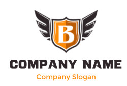 Logo featuring an orange shield with a letter B and black wings.