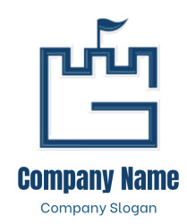 Geometric blue castle logo with a flag on top.