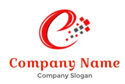 Stylized logo design with a red swirl and scattered gray squares on a white background.