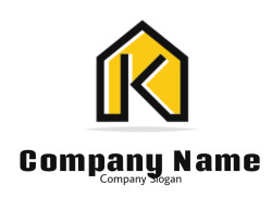 Geometric logo featuring a house outline with a stylized letter K in yellow and black.