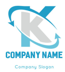 Logo featuring a grey letter K with swirling blue arrows.