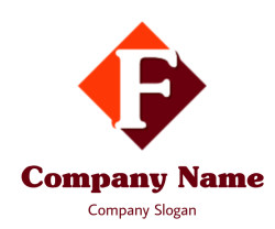 Stylized letter F on a split orange and maroon diamond-shaped background.