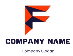 Abstract geometric design of the letter F in red and dark blue.