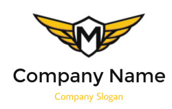 Logo with yellow wings and letter M in a black shield.