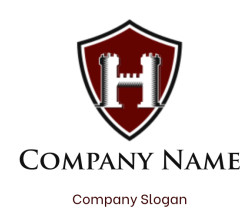 A maroon shield emblem featuring a Gothic-style 'H' with castle towers.