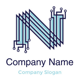 Letter 'N' designed with circuit board elements in blue and black.