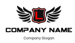 Winged emblem featuring a red L on a shield with black wings.