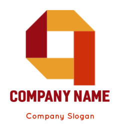 Abstract geometric logo with red and orange shapes.
