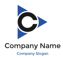 Abstract logo featuring a black letter C flanked by blue triangles.