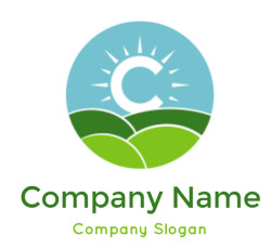 Logo featuring a sun rising over green hills with a blue sky backdrop.