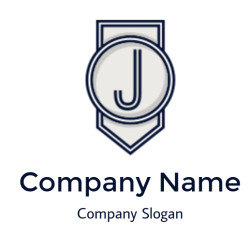 A blue and gray badge featuring the letter J in a stylish font.