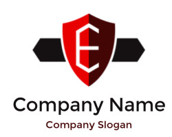 Letter E logo inside shield with ribbon