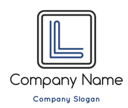 Abstract L shape in blue surrounded by a black bordered square.