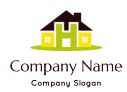 Illustration of a colorful cartoon house with a yellow facade and dark roof.