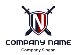 A logo featuring a shield with crossed swords and the letter N in red and black.