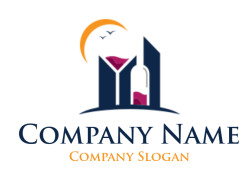Logo featuring cityscape silhouette with sunset and birds.