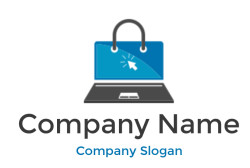 Icon of a shopping bag on a laptop screen with a cursor symbolizing online shopping.