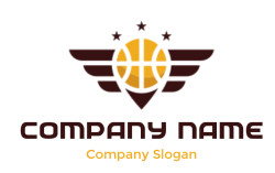 A logo featuring a basketball with wings and three stars