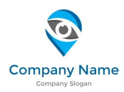 Geolocation pin logo with an eye design in blue and gray colors.