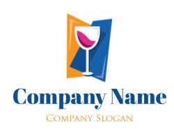 Illustration of a wine glass filled with red wine in front of colorful geometric shapes.