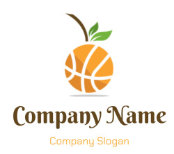 Illustration of a basketball with an orange peel design and a green leaf on top.