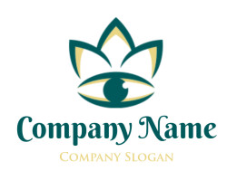 Abstract symbol of a lotus flower with an eye in teal and gold.
